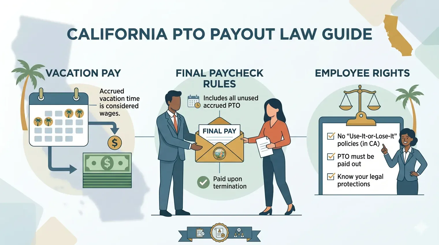 California PTO payout law guide explaining vacation pay, final paycheck rules, and employee rights.