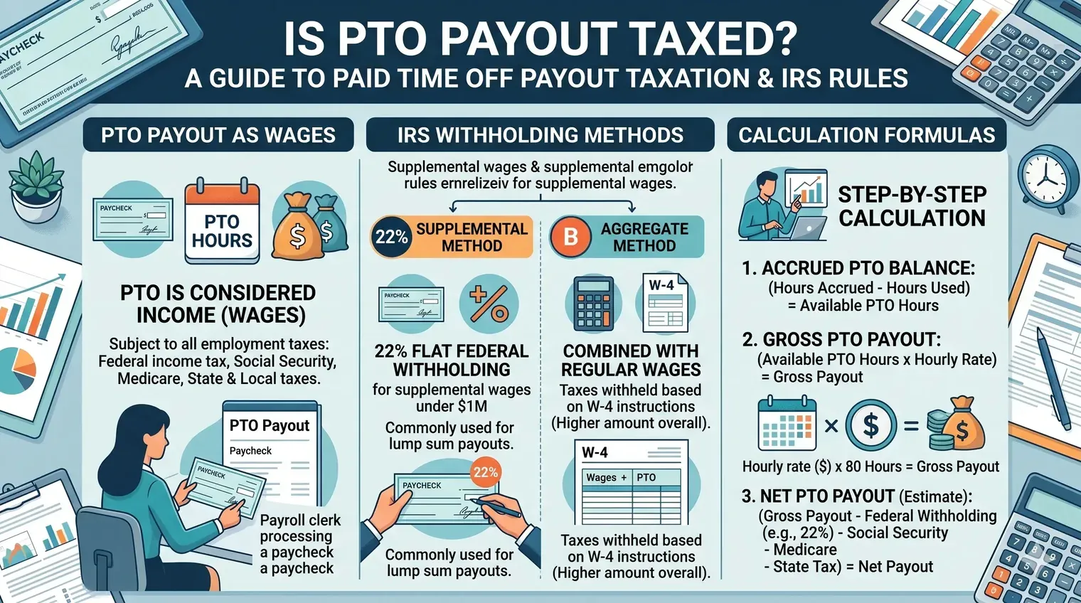 Detailed guide on how PTO payout is taxed, showing IRS supplemental withholding rules and calculation formulas.